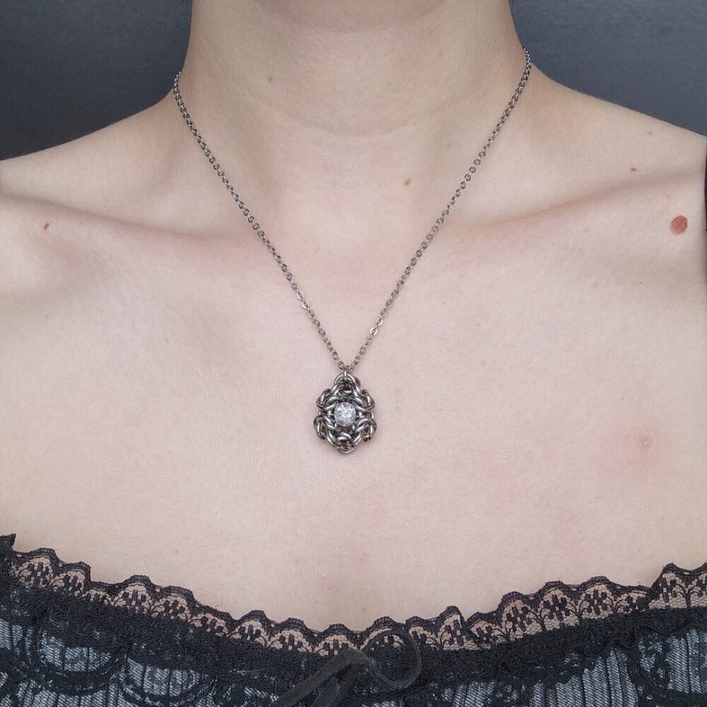 Gothic crystal chainmaille necklace with a small silver chain